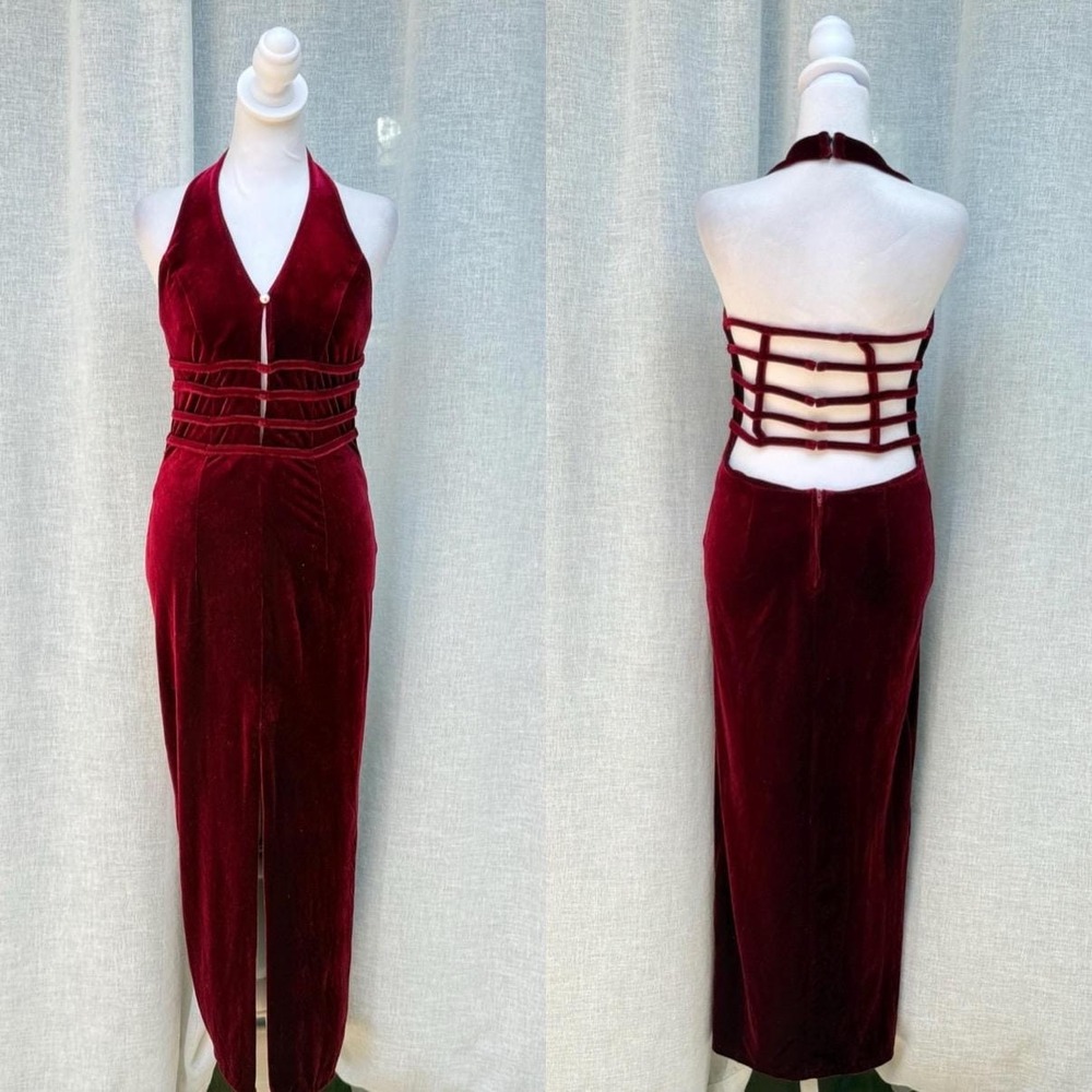 ATRIA Halter Neck open back Red Burgundy Velvet dress
